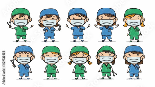 Diverse Group of Cartoon Healthcare Workers in Medical Scrubs and Face Masks