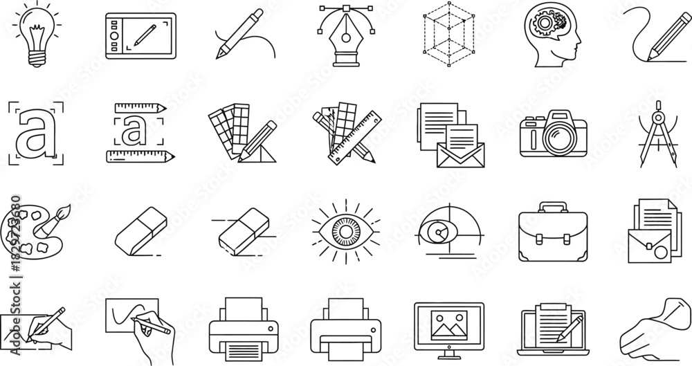 Fototapeta premium Hand drawn business and office icon set in black and white