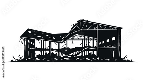 Destroyed building aftermath illustration of ruined structure in black silhouette