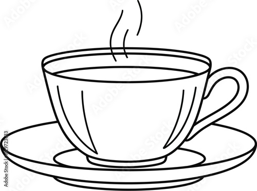 Steaming cup of tea illustration on a saucer against a clean white background