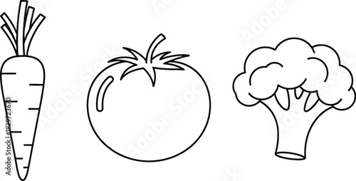 Simple line art illustration of a carrot tomato and broccoli on a white background