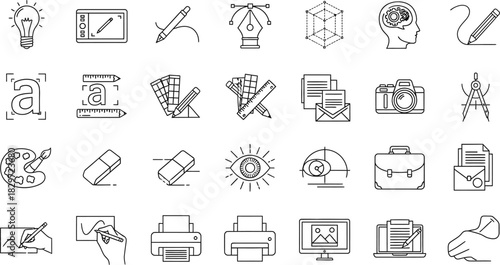 Hand drawn business and office icon set in black and white