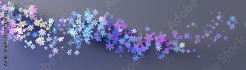 A colorful, abstract representation of scattered flowers in shades of blue, purple, and pink against a soft gray background, Christmas hologram with AI