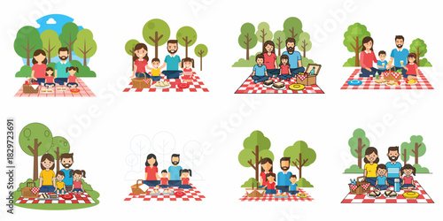 Vector set of happy families enjoying a summer picnic outdoors in the park with sandwiches, baskets, and checkered blankets, illustrating leisure and togetherness.