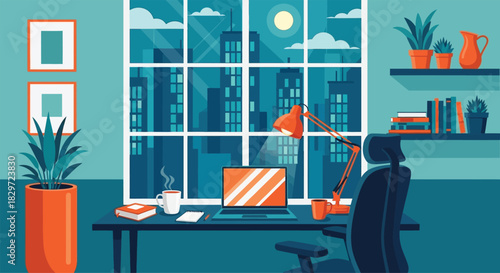 Late night work at home with city view and moon