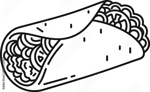 Delicious burrito illustration in black and white line art style on white background