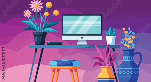 Stylish home office setup with computer and floral decorations