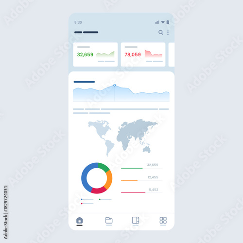 Mobile application business analytics dashboard interface design showing statistical data charts graphs and world map financial report