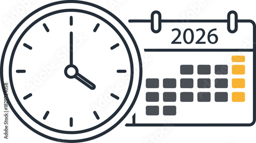 Clock and calendar showing time management and planning for the year 2026