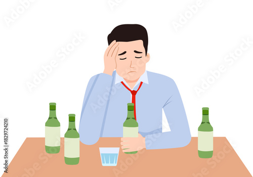 Businessman drinking soju Korean alcohol drink in flat design on white background