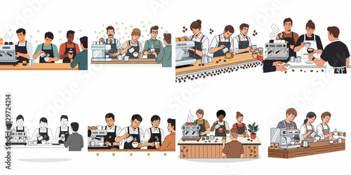 Baristas at Work Illustration Collection: Diverse Professionals Making Espresso, Pouring Latte Art, and Serving Hot Drinks at Coffee Shop Counters.