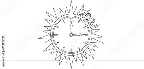 Clock striking midnight for new year 2026 in single continuous line drawing