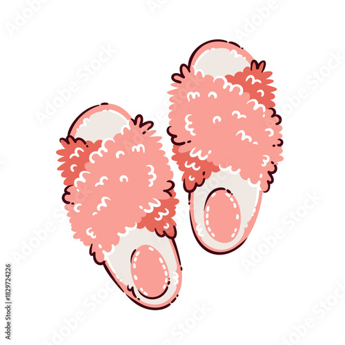 Fluffy slippers with soft textured straps, warm cozy tones and rounded doodle shapes in gentle cartoon style. Home comfort footwear drawing with smooth highlights, vector illustration.