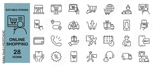 E-commerce Online Shopping Line Icons Set.Editable Stroke, Vector Illustration