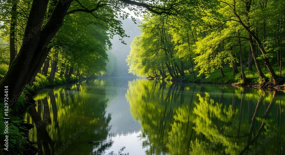 Fototapeta premium Peaceful Lake Surrounded by Green Trees