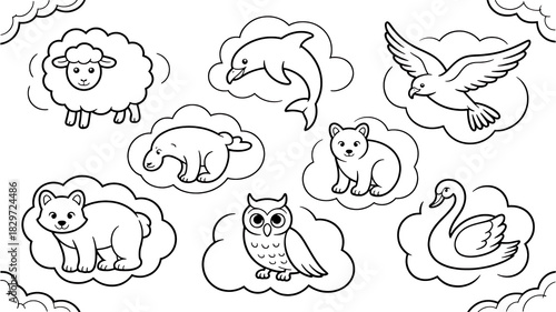 Cloud Animals Collection: A delightful collection of cartoon animals each gently floating on fluffy clouds, offering a sense of childlike wonder and simplicity.