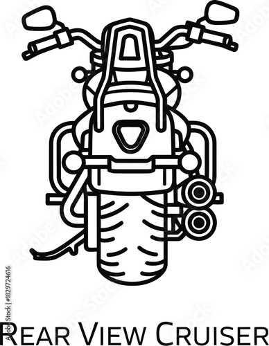 Rear view of a cruiser motorcycle in a minimalist line art style illustration