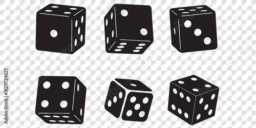 Dice Black And White Vector Illustration. Dices flat icon sets. Rolling dice. White roll cubes for gamble games, top view dice sides and falling 3D angles lucky craps. .poker gaming cube entertainment
