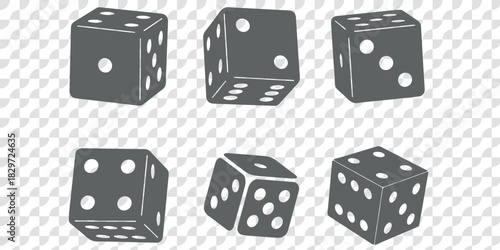 Dice Black And White Vector Illustration. Dices flat icon sets. Rolling dice. White roll cubes for gamble games, top view dice sides and falling 3D angles lucky craps. .poker gaming cube entertainment