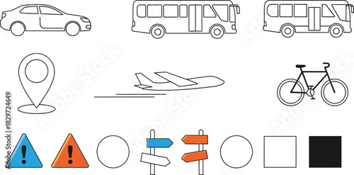 Line art transportation icons car bus tuk tuk plane bicycle signs and map marker