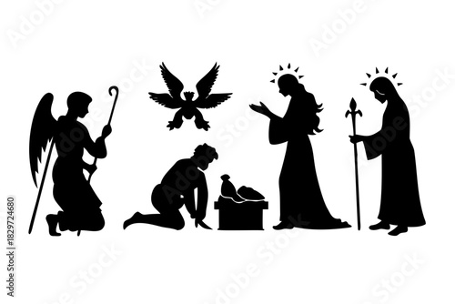 Set of four silhouetted nativity scenes for Christmas showing Joseph and Mary, Wise men and angels at the crib of the Christ child, black and white vector illustration .vector icon