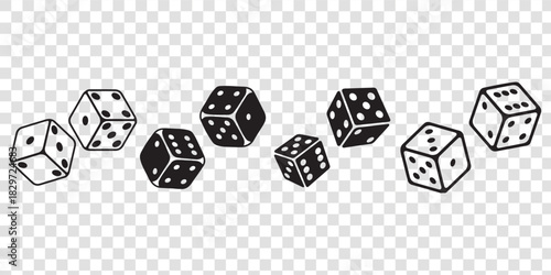 Dice Black And White Vector Illustration. Dices flat icon sets. Rolling dice. White roll cubes for gamble games, top view dice sides and falling 3D angles lucky craps. .poker gaming cube entertainment