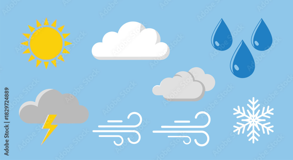 Obraz premium Weather icons set with sun cloud rain thunder wind and snow