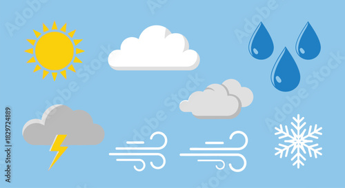 Weather icons set with sun cloud rain thunder wind and snow
