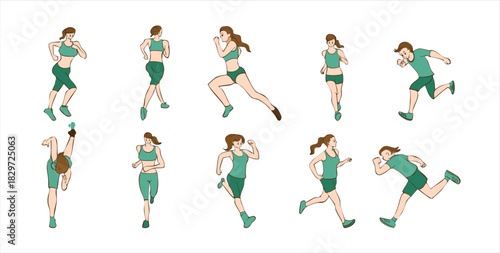 Female running human silhouettes isolated on transparent background. Athletic Blonde Haired Woman Running In A Fitness Outfit With A Sports Bra And Shorts, vector illustration.