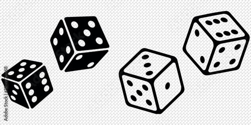 Game dice icons in outline and filled vector styles. Gambling and board game symbols with dots and cubes
