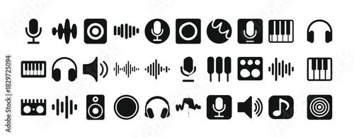 Pixel art sound icons collection music and audio symbols. Pixel art musical instruments and audio equipment set. Digital retro style collection featuring various sound icons. Vector illustration.