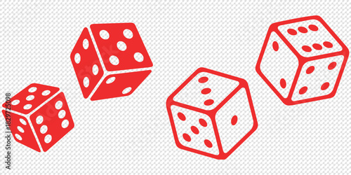 Game dice icons in outline and filled vector styles. Gambling and board game symbols with dots and cubes