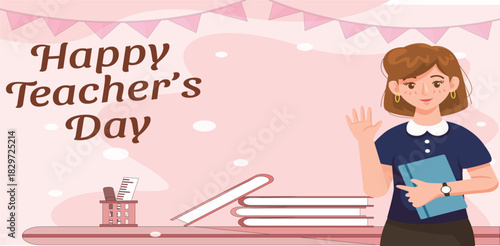 Happy teachers day card with famale teacher.
Happy Teacher's Day holiday poster banner background concept. vector flat illustration, vector graphics teacher woman, vector illustration.