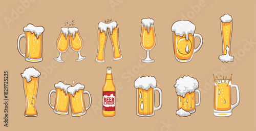 Collection of four types of different beer in glasses isolated on a white background. Cut out file. vector illustration.