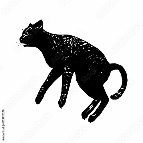 Hand-drawn vintage cat silhouette walking forward with textured engraved fur details, illustrated in classic sketch style.