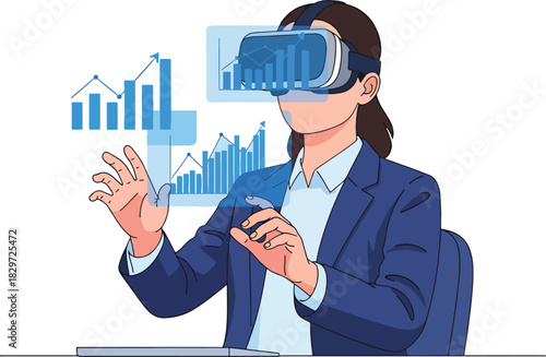 Woman wearing VR headset analyzing financial charts and graphs in a virtual reality environment