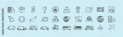 Minimalistic outline icon set featuring vans loaded with boxes, symbolizing delivery, logistics, and e-commerce. collection  perfect for web design, graphic design. vector illustration.