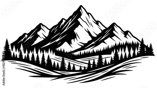 A striking black and white illustration of majestic mountain peaks rising above a dense forest of pine trees, with rolling hills in the foreground.