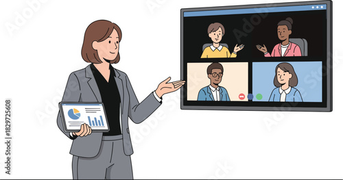 Businesswoman leading a remote video conference meeting with colleagues