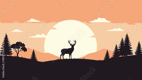 Silhouette of a majestic deer standing in a serene forest landscape at sunset with mountains and pine trees.