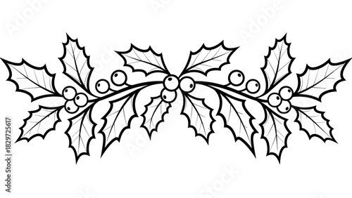 Black and white illustration of a festive holly garland with leaves and berries, perfect for holiday decorations.