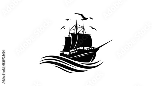 A black silhouette of a vintage sailing ship on ocean waves with seagulls flying above.
