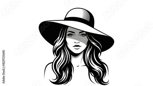 Black and white illustration of a woman with long wavy hair wearing a wide-brimmed hat, with her face partially shaded.