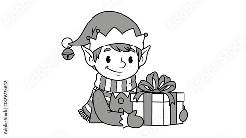 A charming illustration of a Christmas elf holding a wrapped gift box, smiling happily.