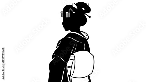 Silhouette of a Japanese woman in traditional kimono with elaborate hairstyle.