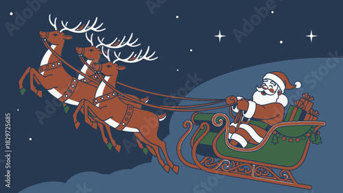 Illustration of Santa Claus riding in a sleigh pulled by reindeer in the night sky.