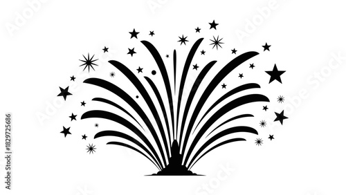 A black and white graphic illustration of an exploding firework with stars on a plain background.