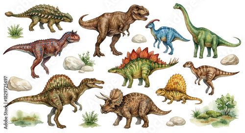 Diverse assemblage of prehistoric creatures dinosaurs in an isolated transparent background