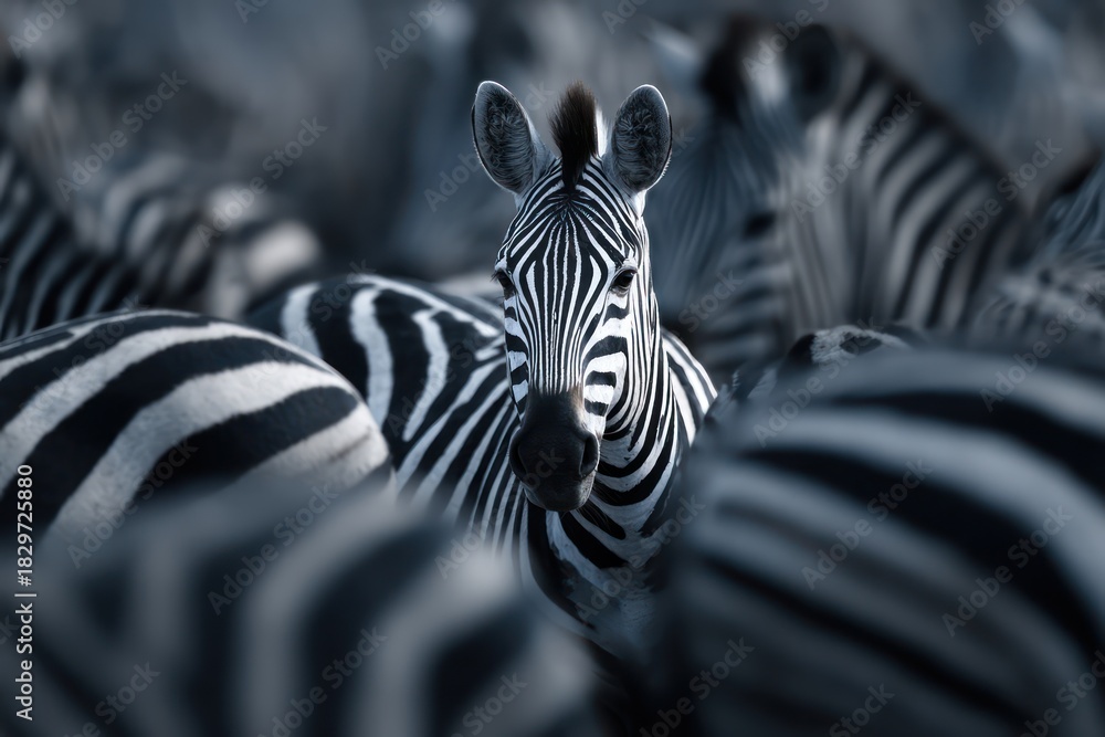 Fototapeta premium Contrast Concept Showing One Zebra Distinct from the Herd