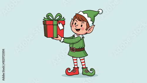 A cheerful cartoon elf wearing a green outfit and holding a wrapped gift box.